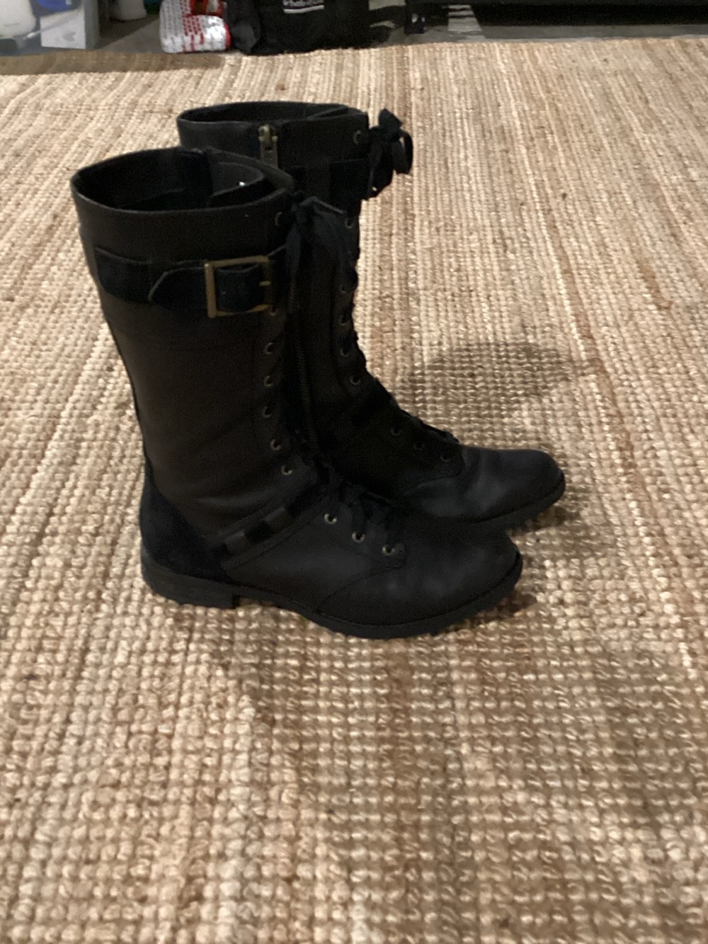 Timberland Black Lace-Up Mid-Calf Combat Boots with Buckle